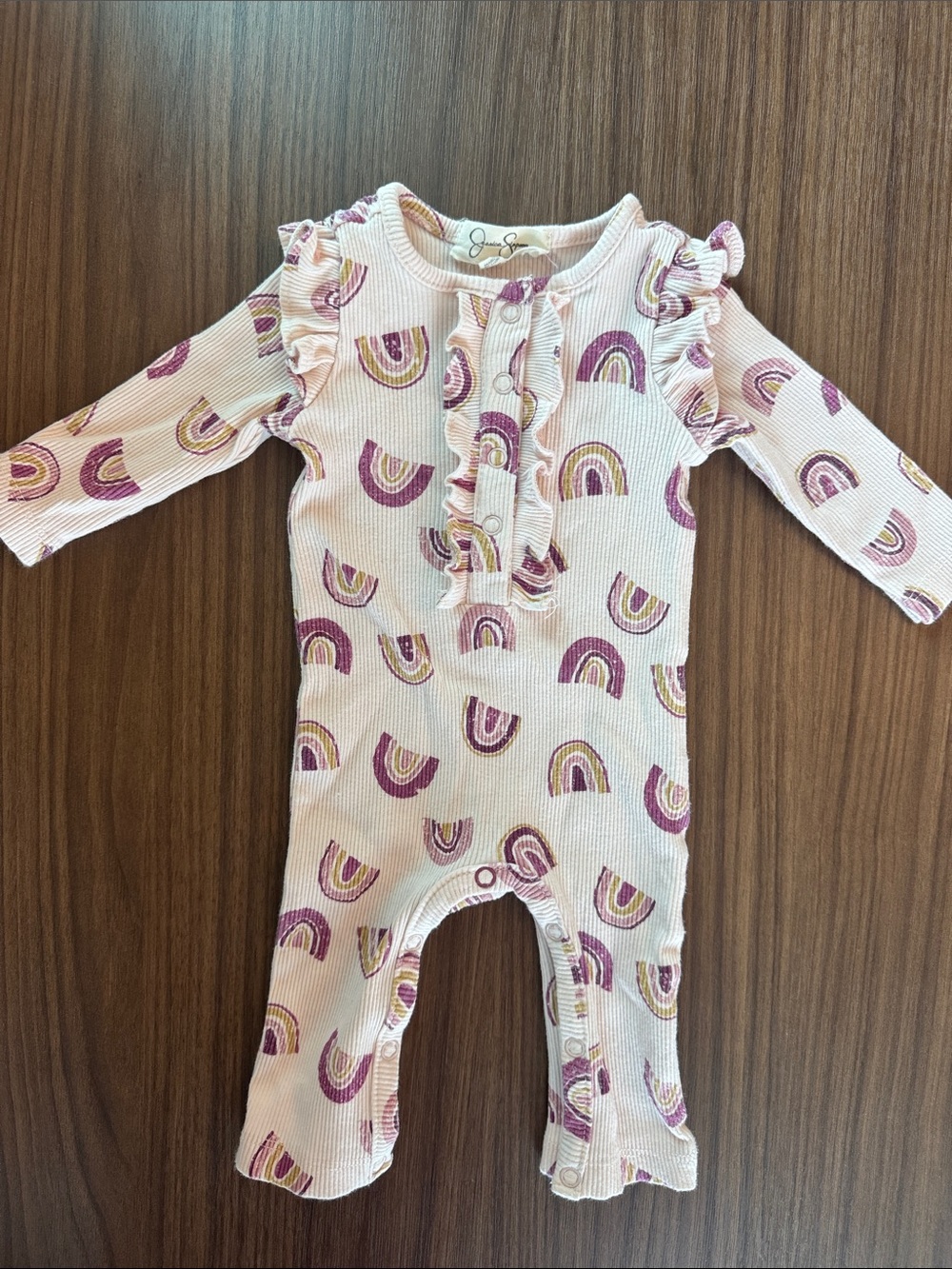 Joyful Rainbows Ruffle-Trim One-Piece Romper - Pink - 0-3 months